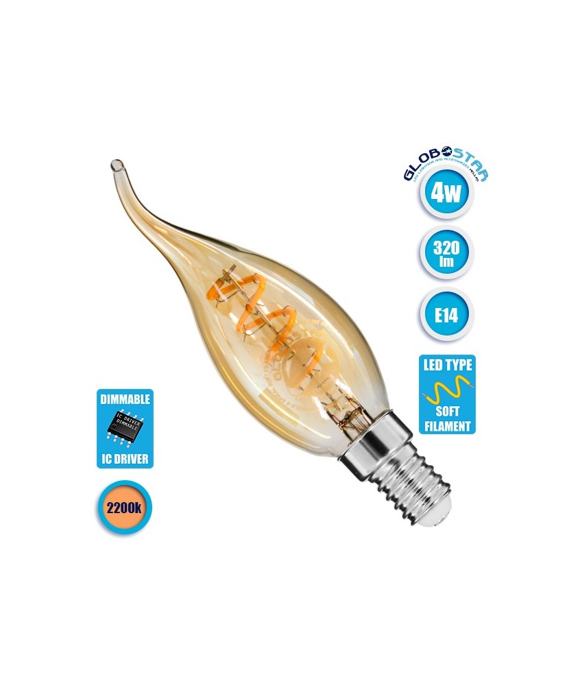 GLOBOSTAR® CANDLE 99134 Λάμπα Κεράκι E14 C35T LED 4W 360lm 360° AC 220-240V IP20 Ultra Θερμό Λευκό 2200K Dimmable - Spiral S Filament Chip - Μελί - Μ3.5 x Π3.5 x Υ12cm - 3 Χρόνια Εγγύηση